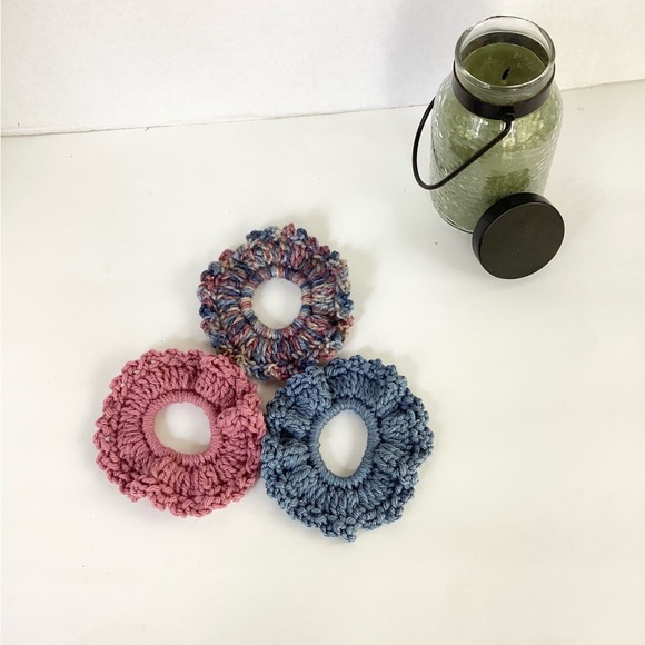 Hair Scrunchies Hand Crafted Crochet Boho Blue Rose Messy Bun - Picture 8 of 10